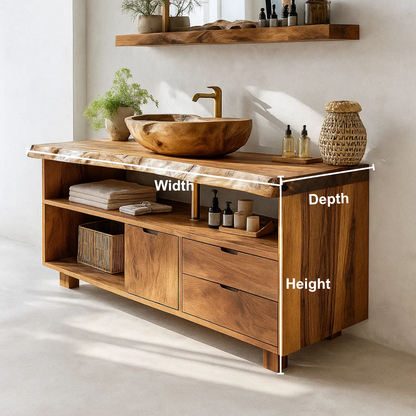 Handcrafted Solid Wood Live-Edge Vanity Base – Organic Modern Bathroom Console with Shelves and Drawers Kitchnce