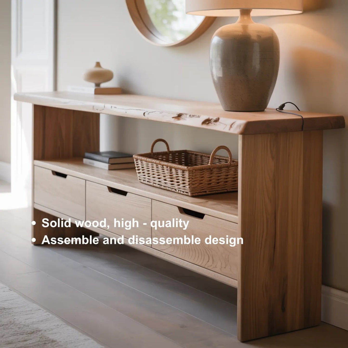 Handcrafted Solid Wood Console Table – Minimalist Live Edge Design with Storage Drawers Kitchnce