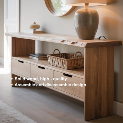 Handcrafted Solid Wood Console Table – Minimalist Live Edge Design with Storage Drawers Kitchnce