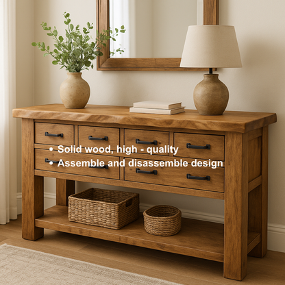Handcrafted Solid Wood Console Table – Rustic Farmhouse Design with 6 Drawers & Open Shelf Kitchnce