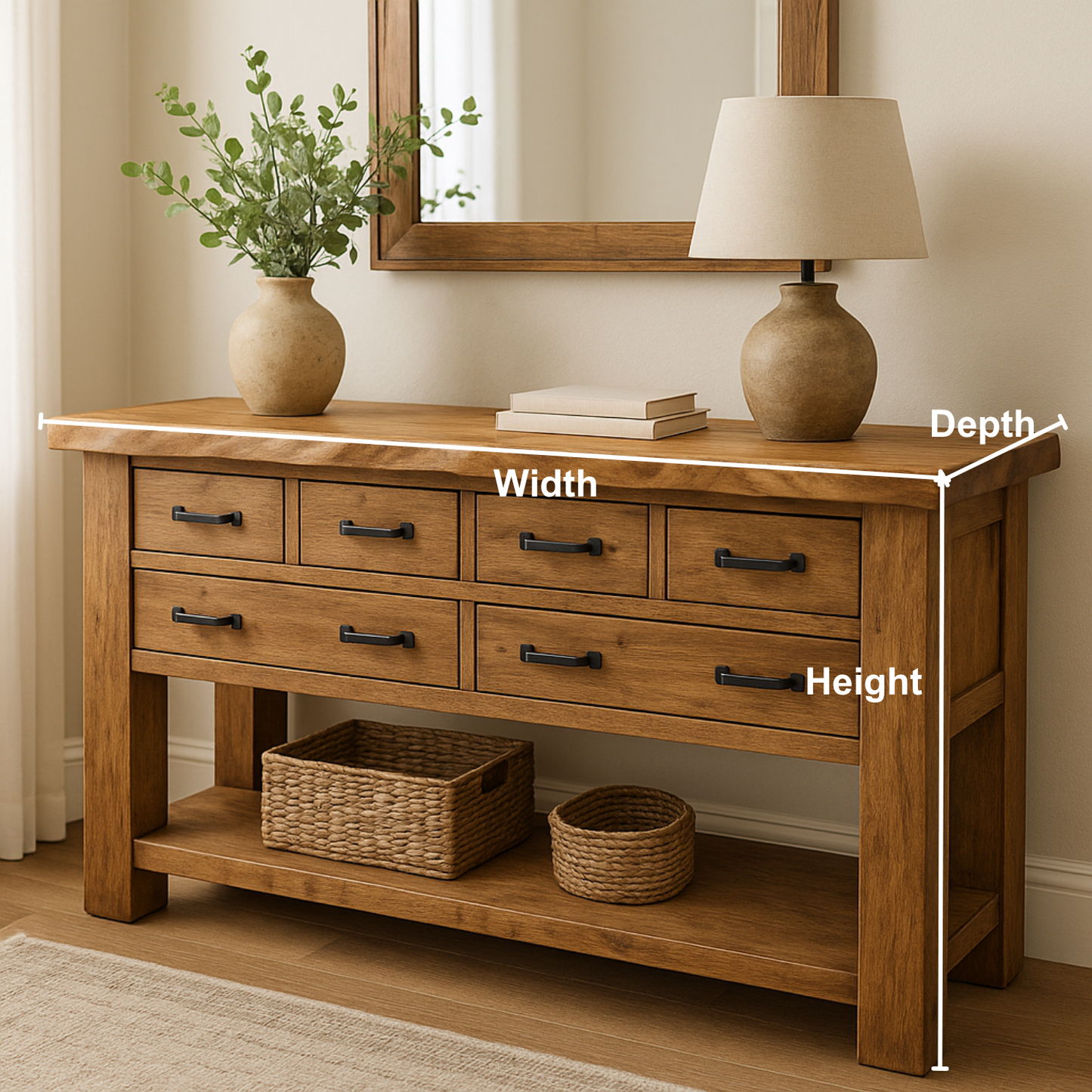 Handcrafted Solid Wood Console Table – Rustic Farmhouse Design with 6 Drawers & Open Shelf Kitchnce