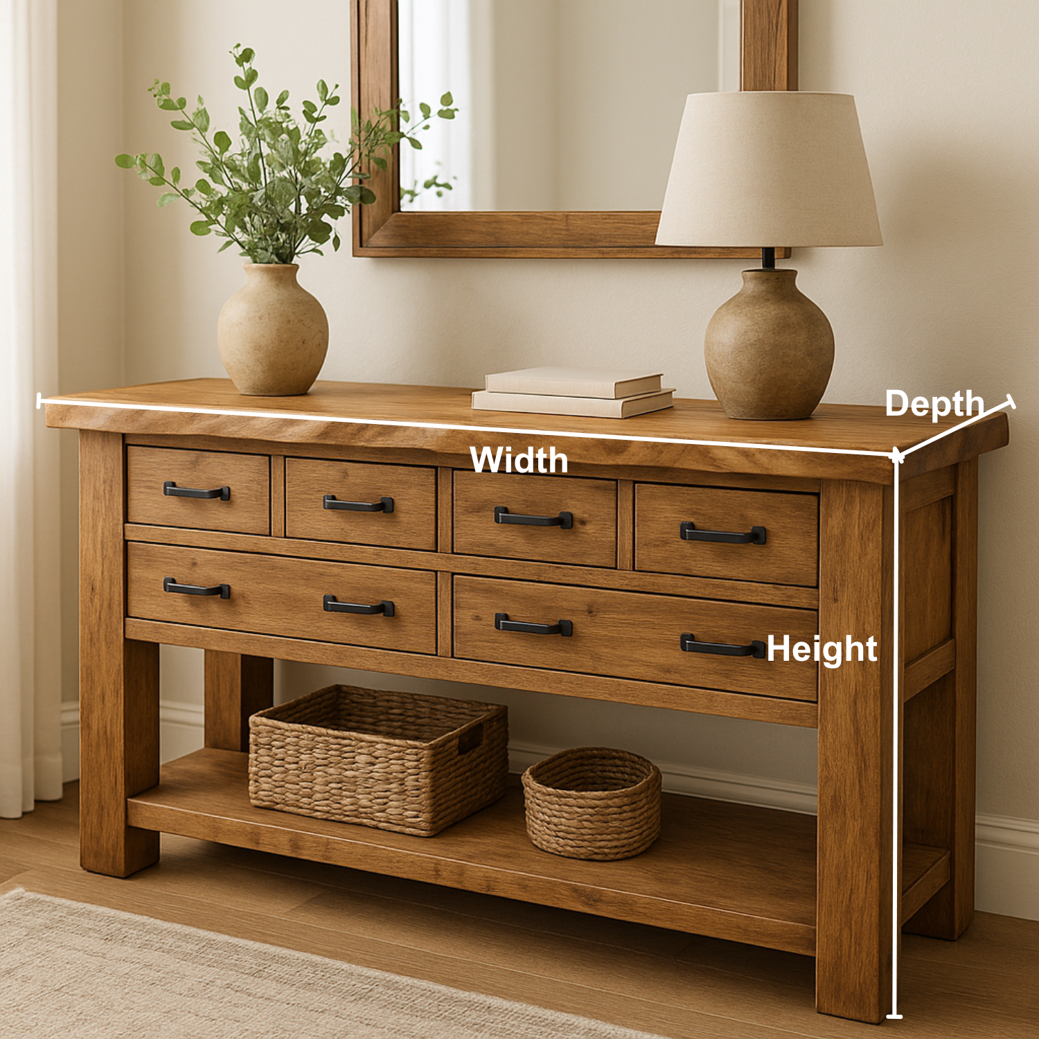 Handcrafted Solid Wood Console Table – Rustic Farmhouse Design with 6 Drawers & Open Shelf Kitchnce
