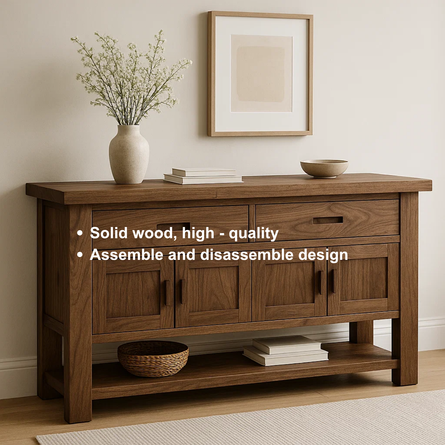Handcrafted Solid Walnut Console Table – Modern Rustic Design with Storage Cabinets & Drawers Kitchnce