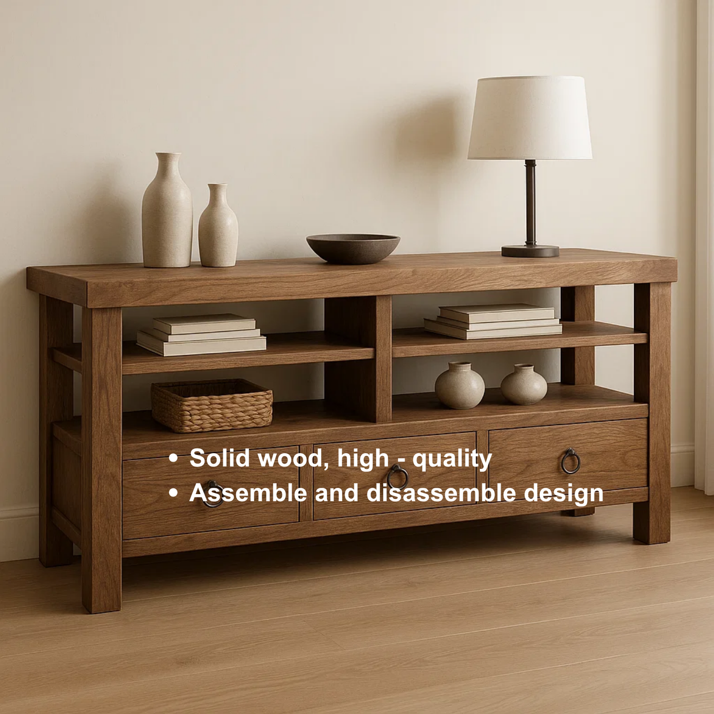 Handcrafted Solid Wood Console Table – Rustic Open Shelf Design with Drawers and Natural Finish Kitchnce