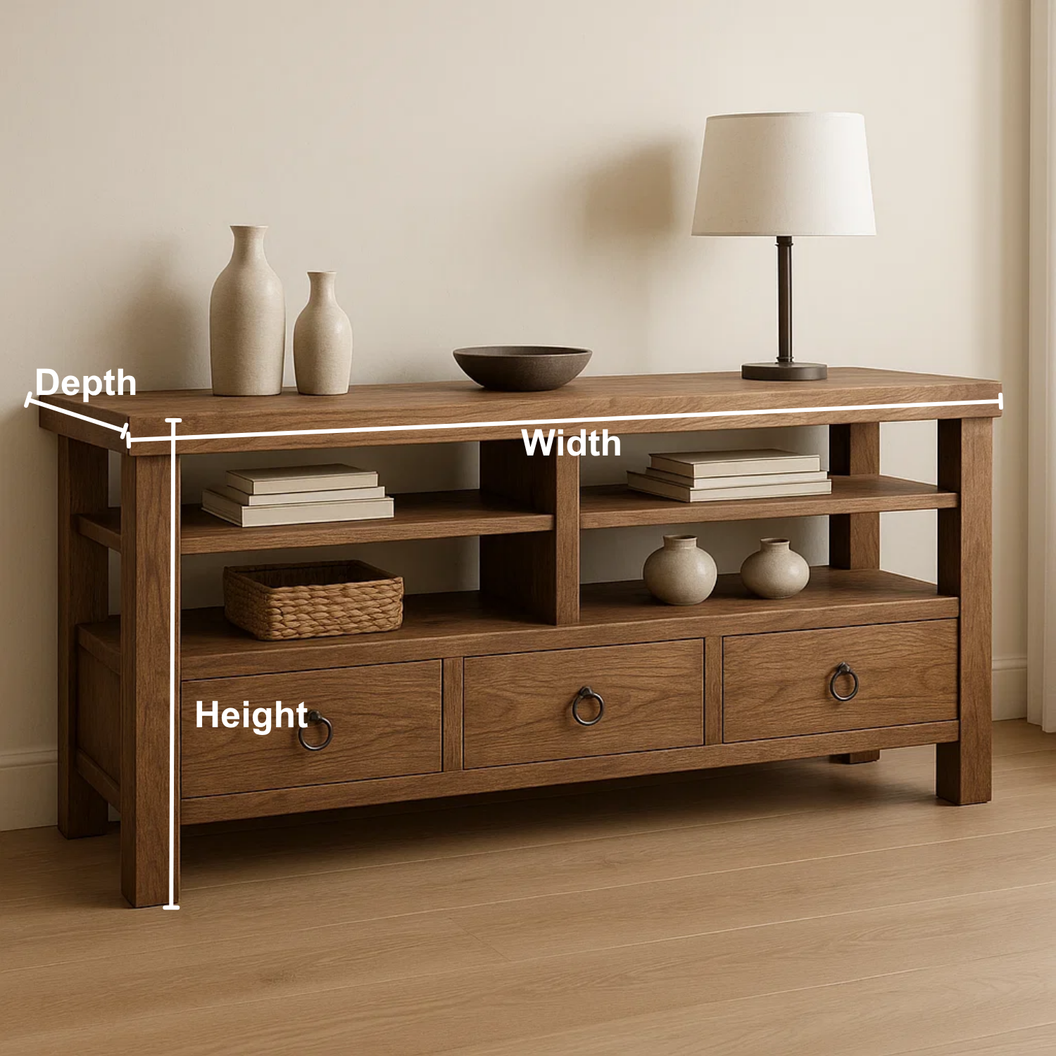Handcrafted Solid Wood Console Table – Rustic Open Shelf Design with Drawers and Natural Finish Kitchnce