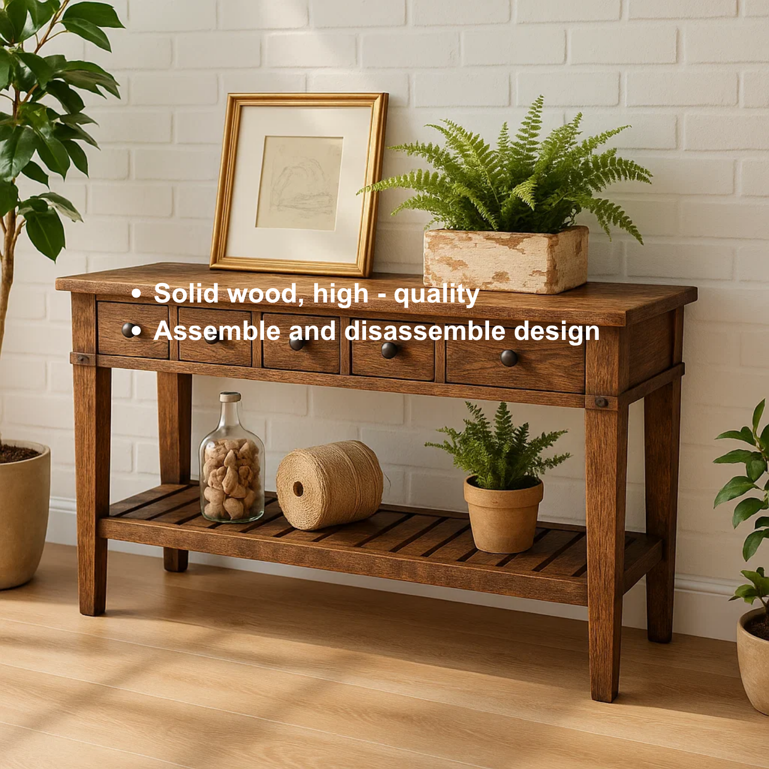 Handcrafted Solid Wood Console Table – Rustic Farmhouse Entryway Table with Drawers and Shelf Kitchnce