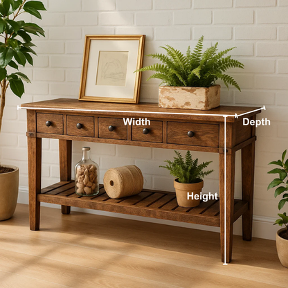 Handcrafted Solid Wood Console Table – Rustic Farmhouse Entryway Table with Drawers and Shelf Kitchnce