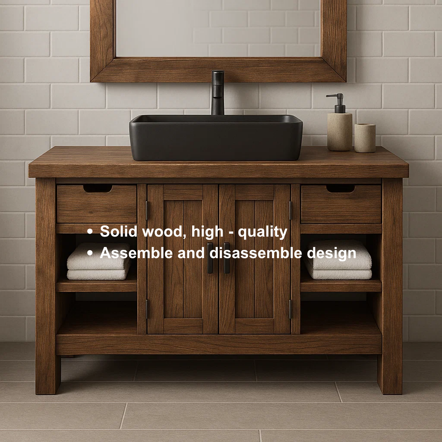 Handcrafted Solid Wood Bathroom Vanity – Modern Farmhouse Cabinet with Shelves and Storage Drawers Kitchnce