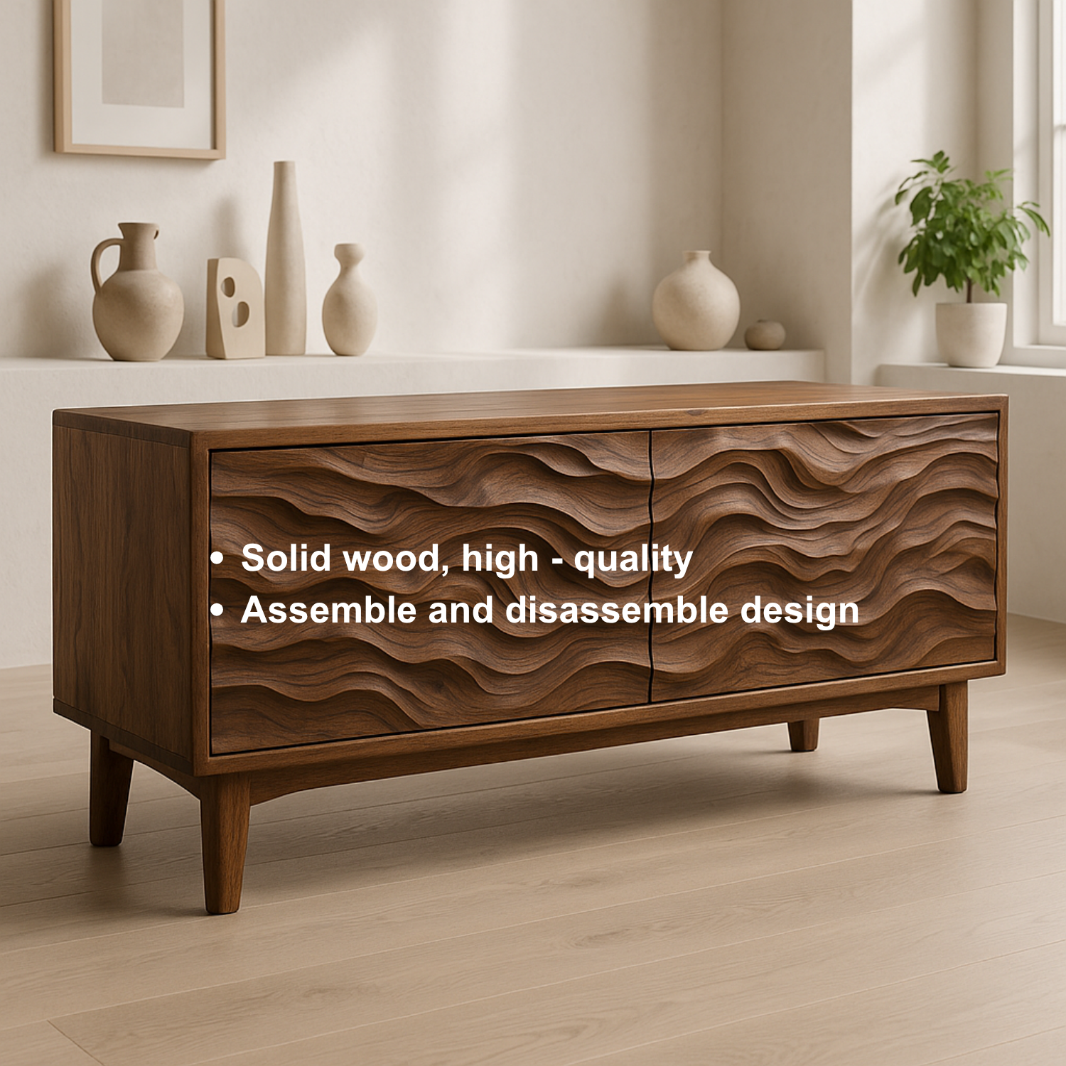 Handcrafted Solid Wood TV Stand – Sculptural Wave Front Credenza for Modern Organic Interiors Kitchnce