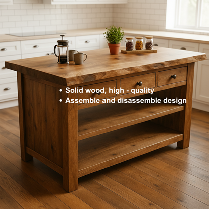 Rustic Farmhouse Kitchen Island: Solid Wood Prep Station with 3 Drawers