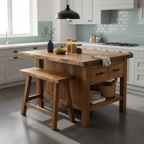 Live Edge Solid Wood Kitchen Island with Storage Drawers - Rustic Farmhouse Butcher Block Station