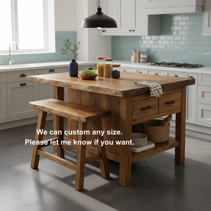Live Edge Solid Wood Kitchen Island with Storage Drawers - Rustic Farmhouse Butcher Block Station