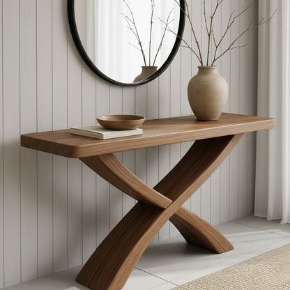 Handcrafted Solid Wood Console Table – Sculptural Cross-Leg Design for Modern Japandi Interiors Kitchnce