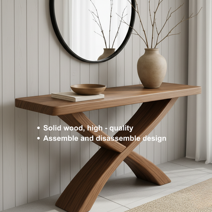 Handcrafted Solid Wood Console Table – Sculptural Cross-Leg Design for Modern Japandi Interiors Kitchnce