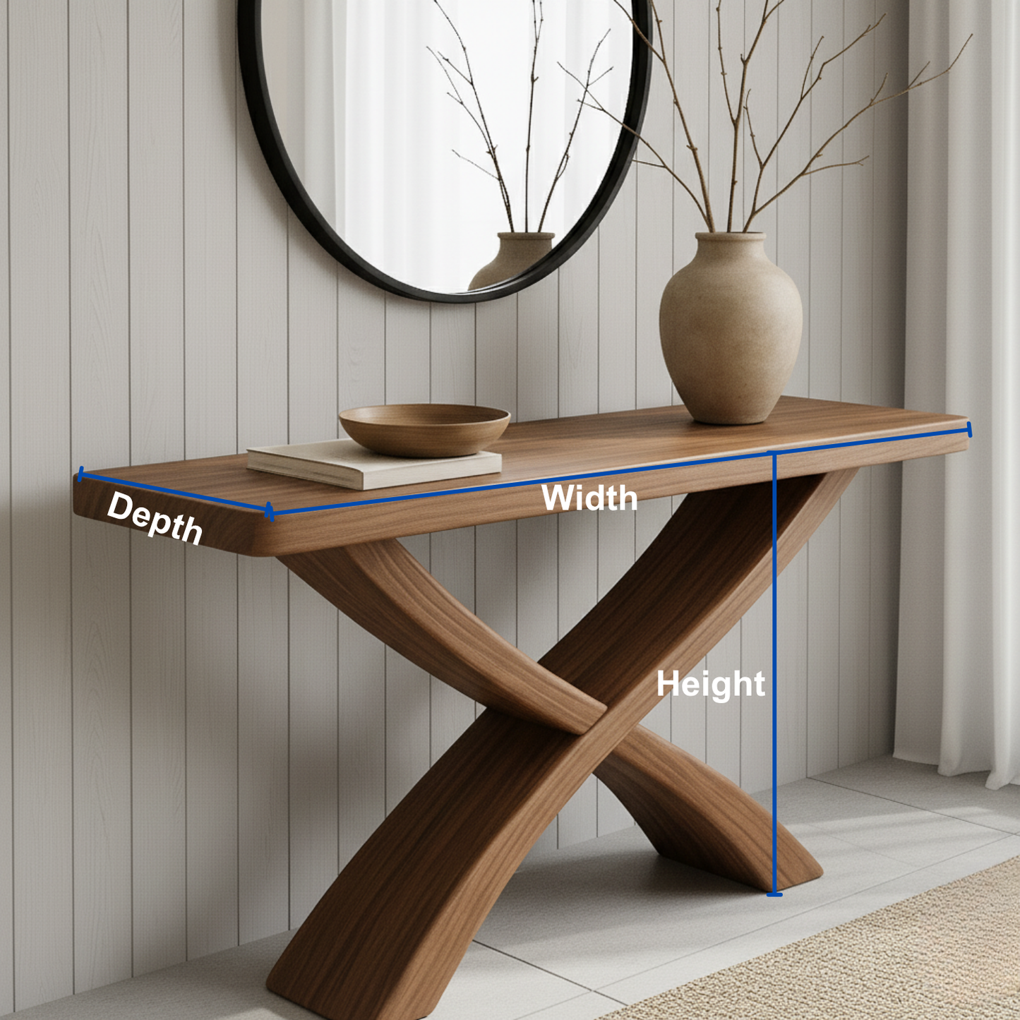 Handcrafted Solid Wood Console Table – Sculptural Cross-Leg Design for Modern Japandi Interiors Kitchnce