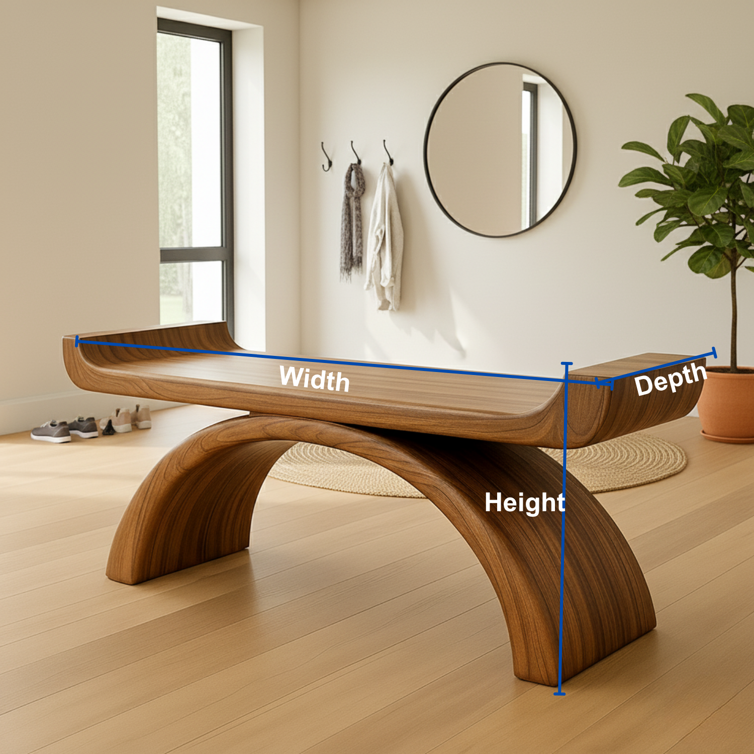 Handcrafted Sculptural Solid Wood Bench – Curved Arch Design for Modern Entryway or Living Space Kitchnce