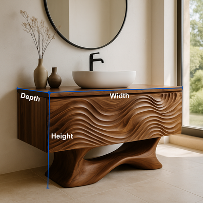 Handcrafted Solid Wood Bathroom Vanity – Sculptural Wave Front Floating Design for Modern Interiors Kitchnce