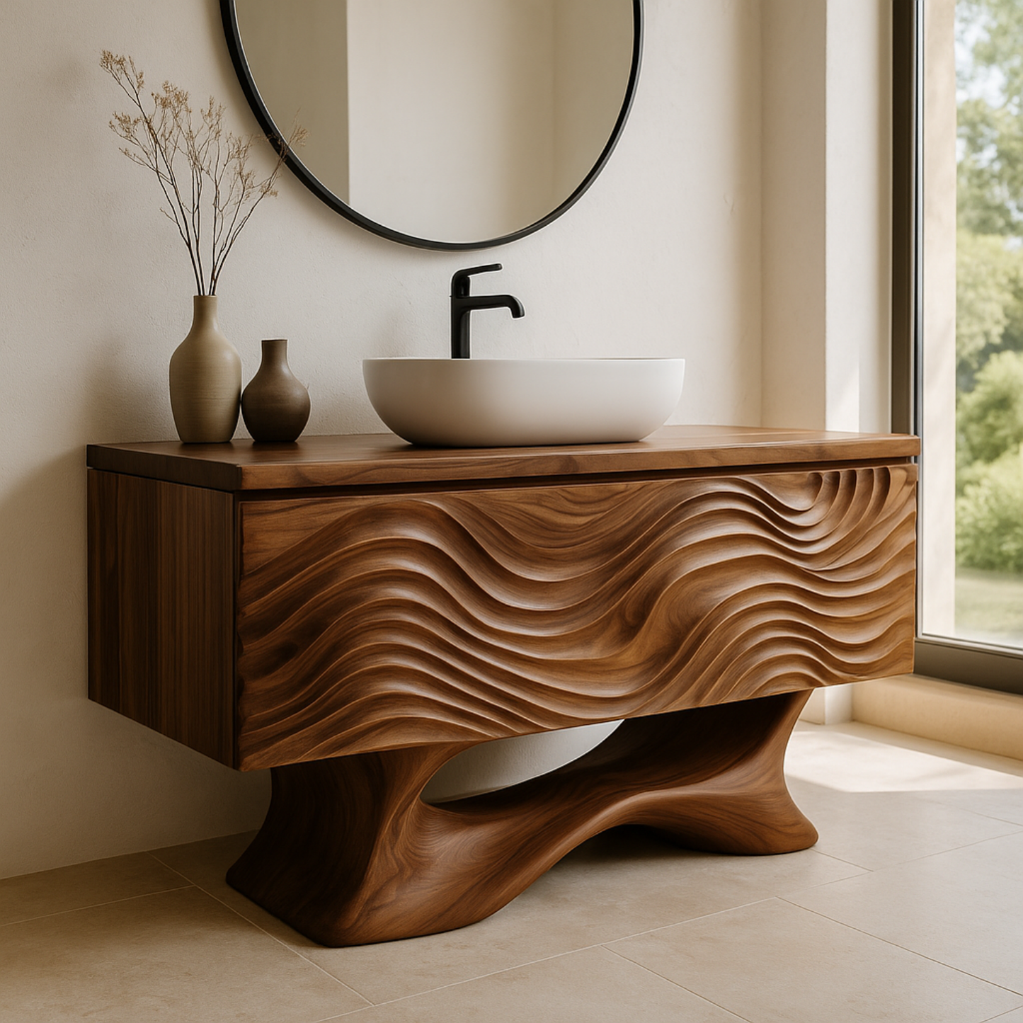 Handcrafted Solid Wood Bathroom Vanity – Sculptural Wave Front Floating Design for Modern Interiors Kitchnce