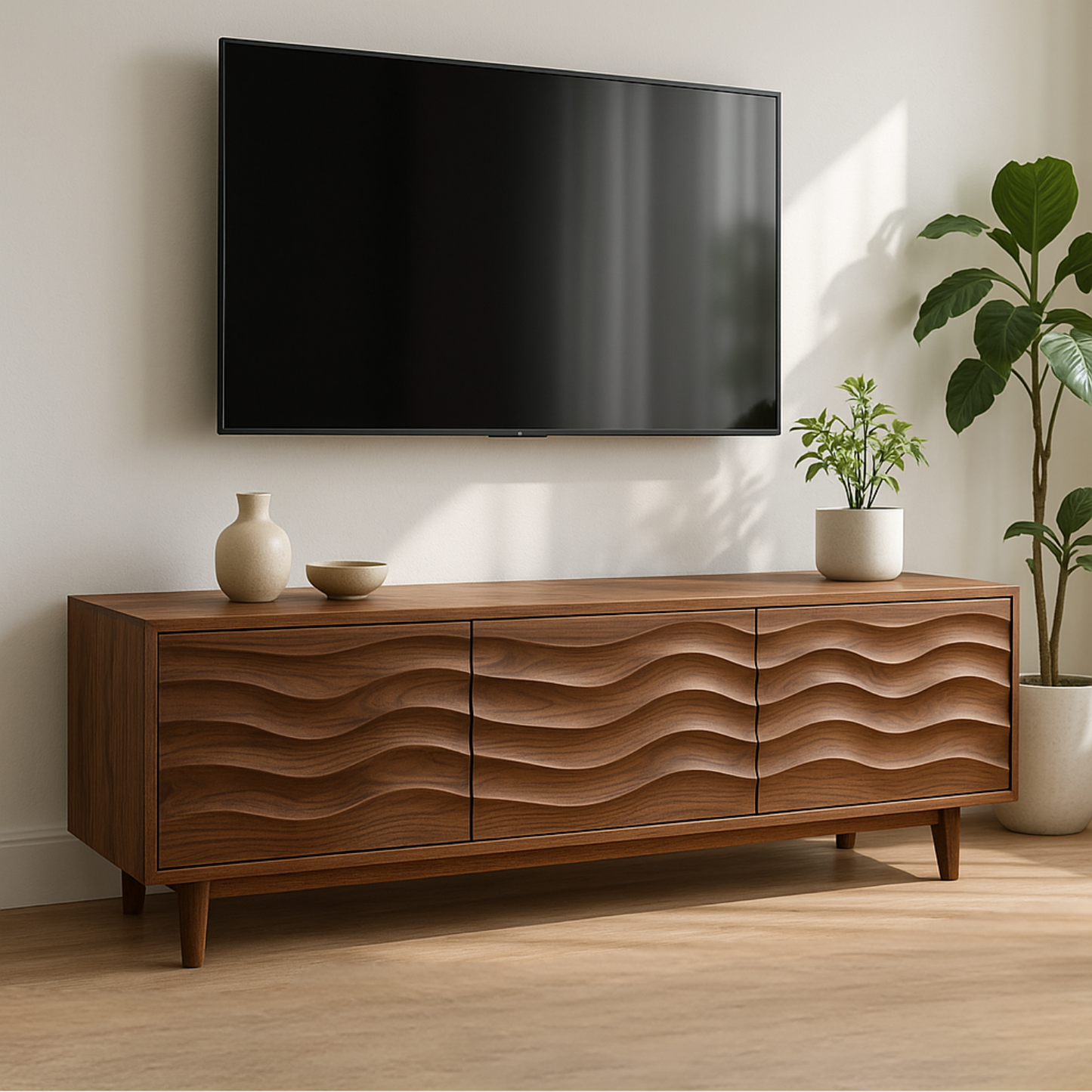 Handcrafted Solid Wood Wave TV Stand – Modern Sculptural Media Console Kitchnce