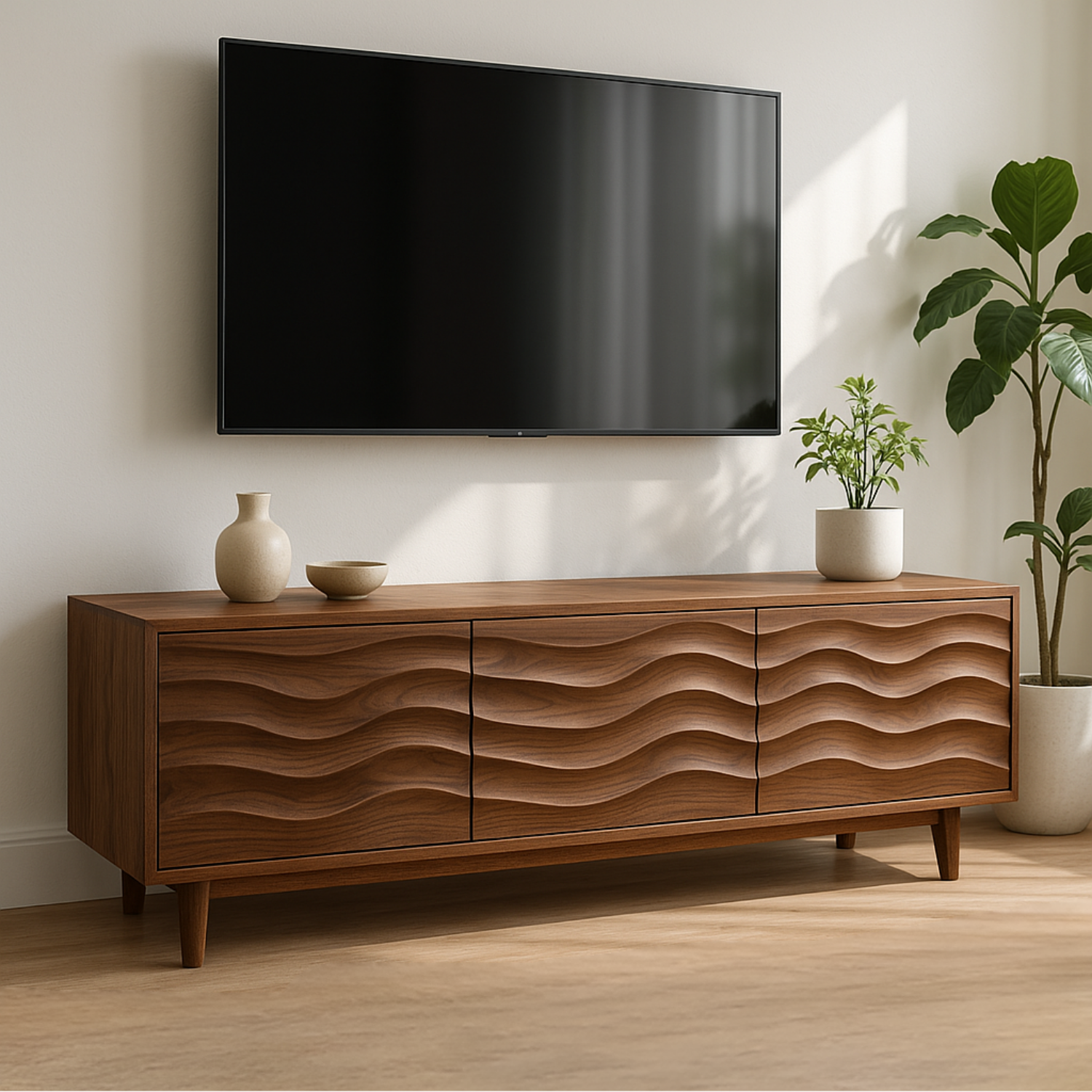 Handcrafted Solid Wood Wave TV Stand – Modern Sculptural Media Console Kitchnce