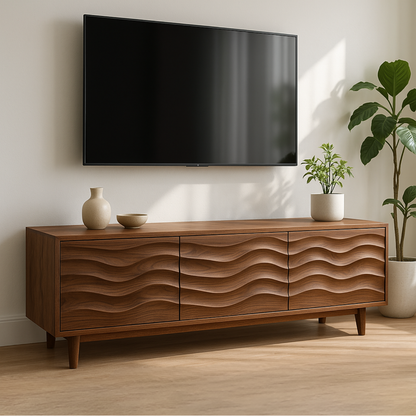 Handcrafted Solid Wood Wave TV Stand – Modern Sculptural Media Console Kitchnce