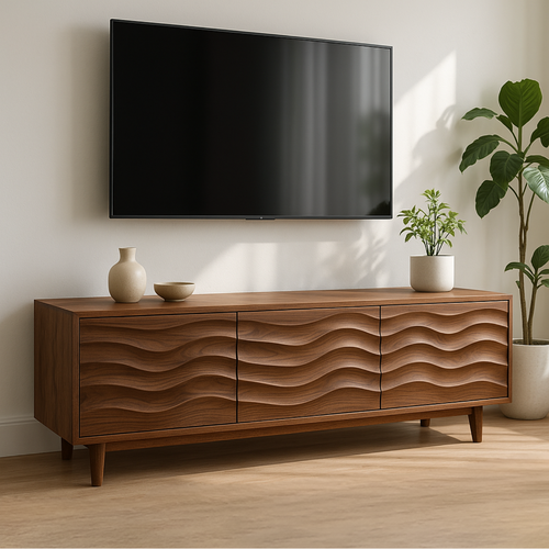 Handcrafted Solid Wood Wave TV Stand – Modern Sculptural Media Console Kitchnce