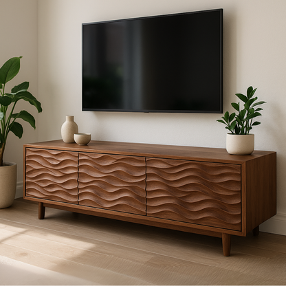Handcrafted Solid Wood Wavefront TV Stand – Modern Sculptural Media Console Kitchnce