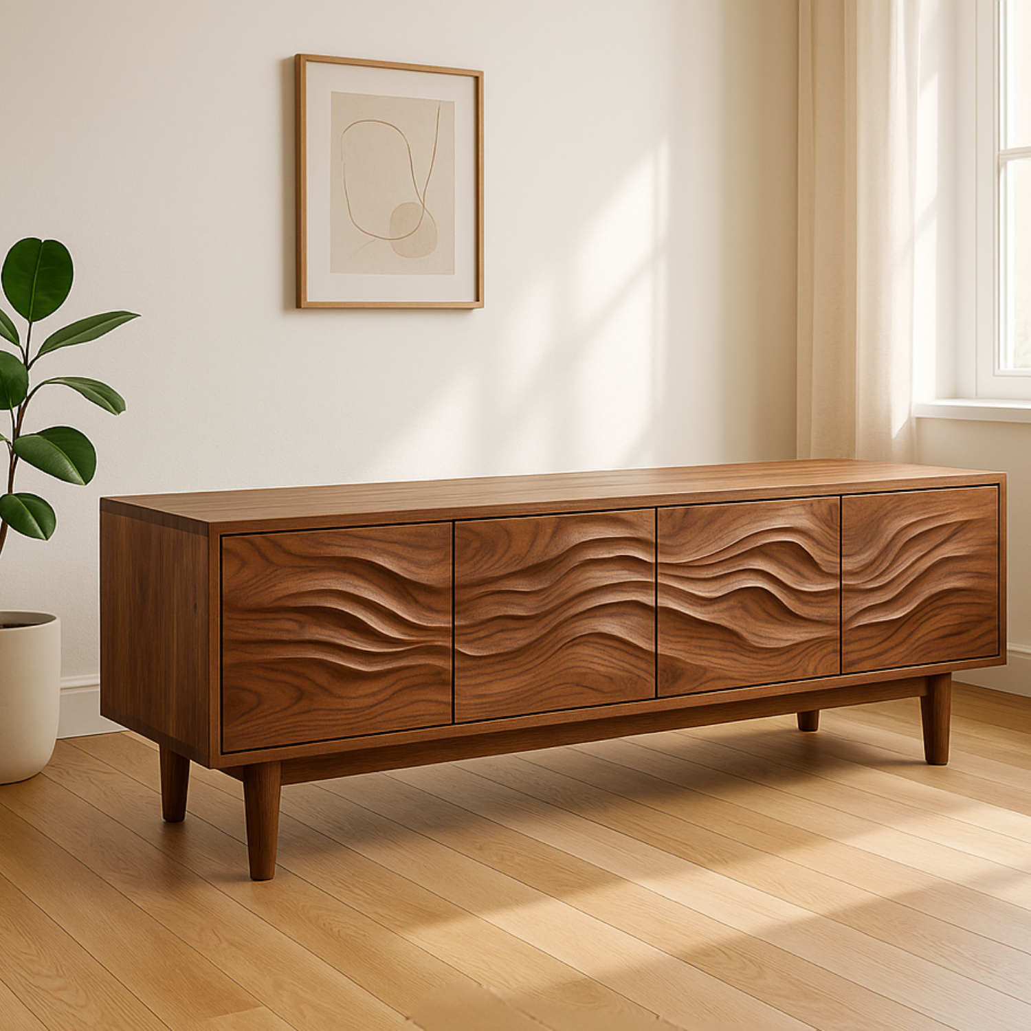 Handcrafted Solid Wood Wavefront TV Stand – Modern Sculptural Media Console Kitchnce