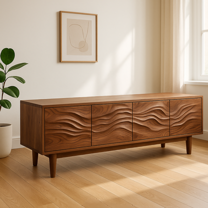 Handcrafted Solid Wood Wavefront TV Stand – Modern Sculptural Media Console Kitchnce