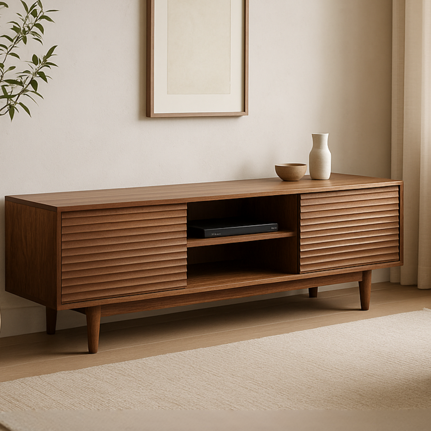 Handcrafted Solid Wood TV Stand – Modern Ribbed Door Media Console for Living Room Kitchnce