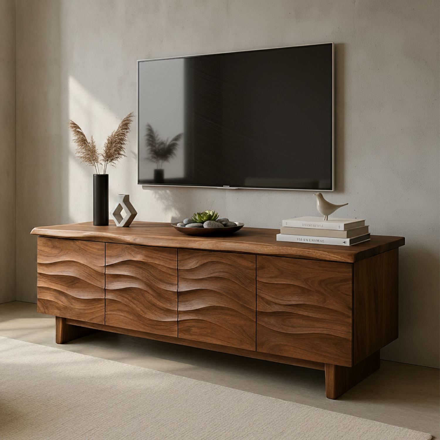 Handcrafted Solid Wood Wavefront TV Stand – Organic Modern Sculptural Console Kitchnce