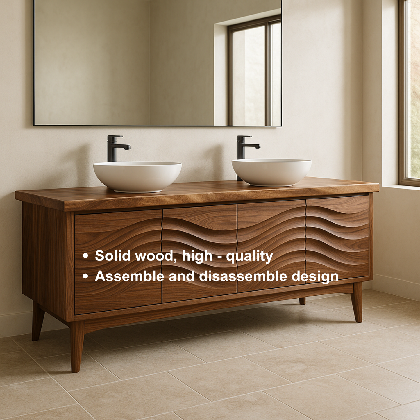 Handcrafted Solid Wood Double Sink Vanity – Modern Organic Wavefront Design Kitchnce