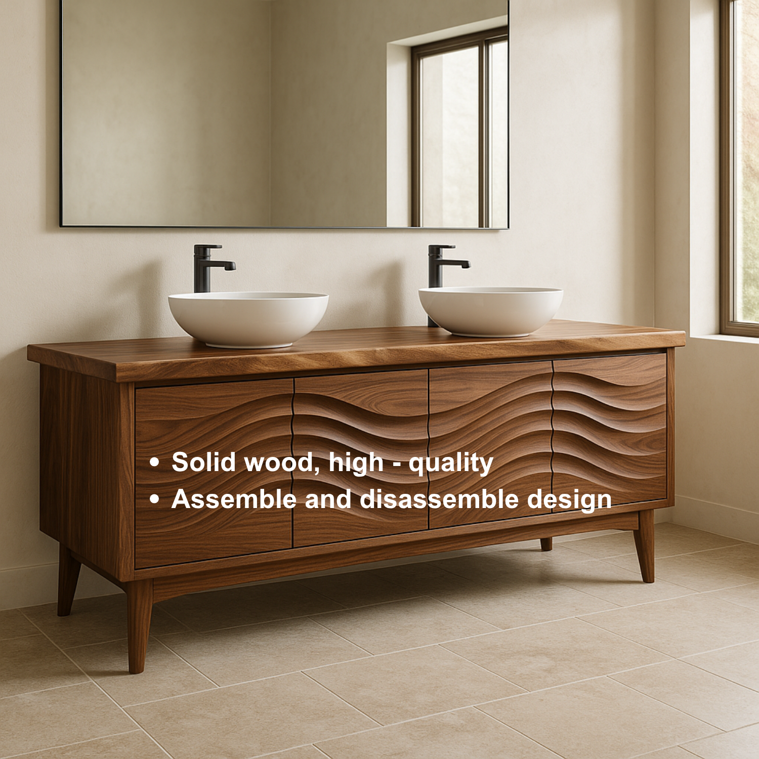 Handcrafted Solid Wood Double Sink Vanity – Modern Organic Wavefront Design Kitchnce