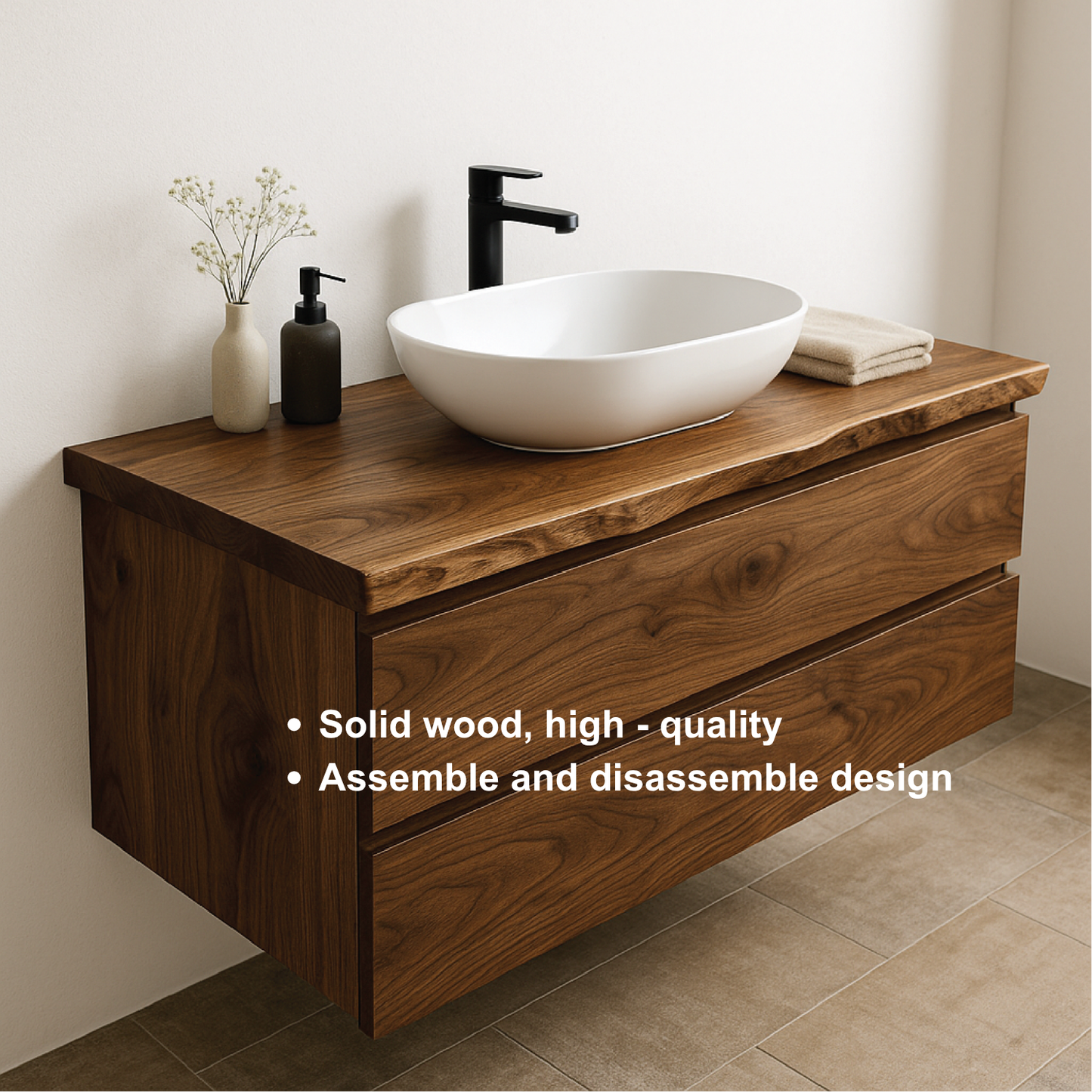 Handcrafted Solid Walnut Floating Vanity – Live Edge Bathroom Vanity for Modern Organic Spaces Kitchnce