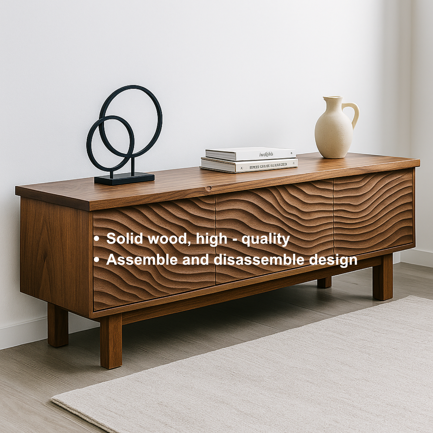 Handcrafted Solid Wood TV Stand – Sculptural Wavefront Media Console for Modern Living Room Kitchnce