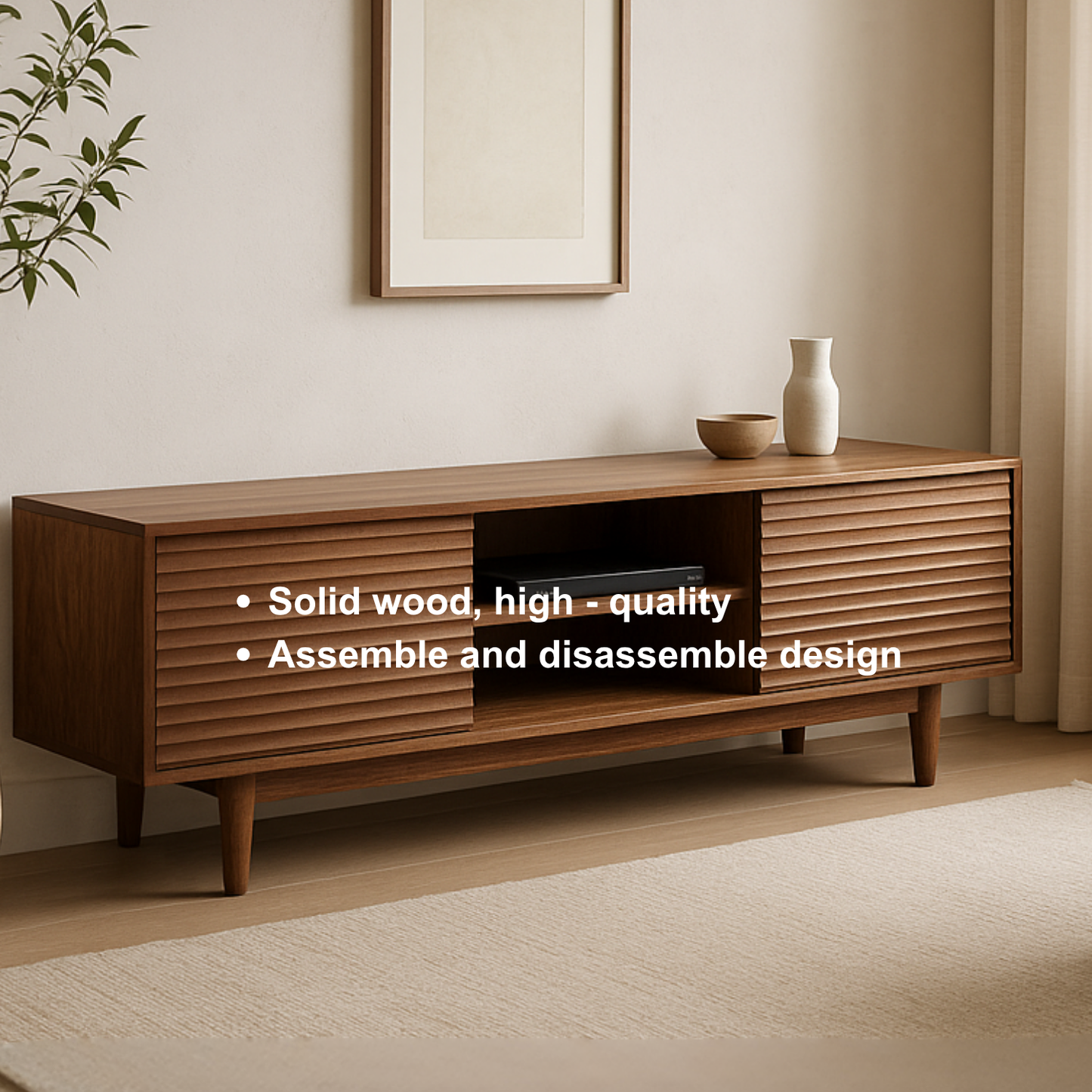 Handcrafted Solid Wood TV Stand – Modern Ribbed Door Media Console for Living Room Kitchnce