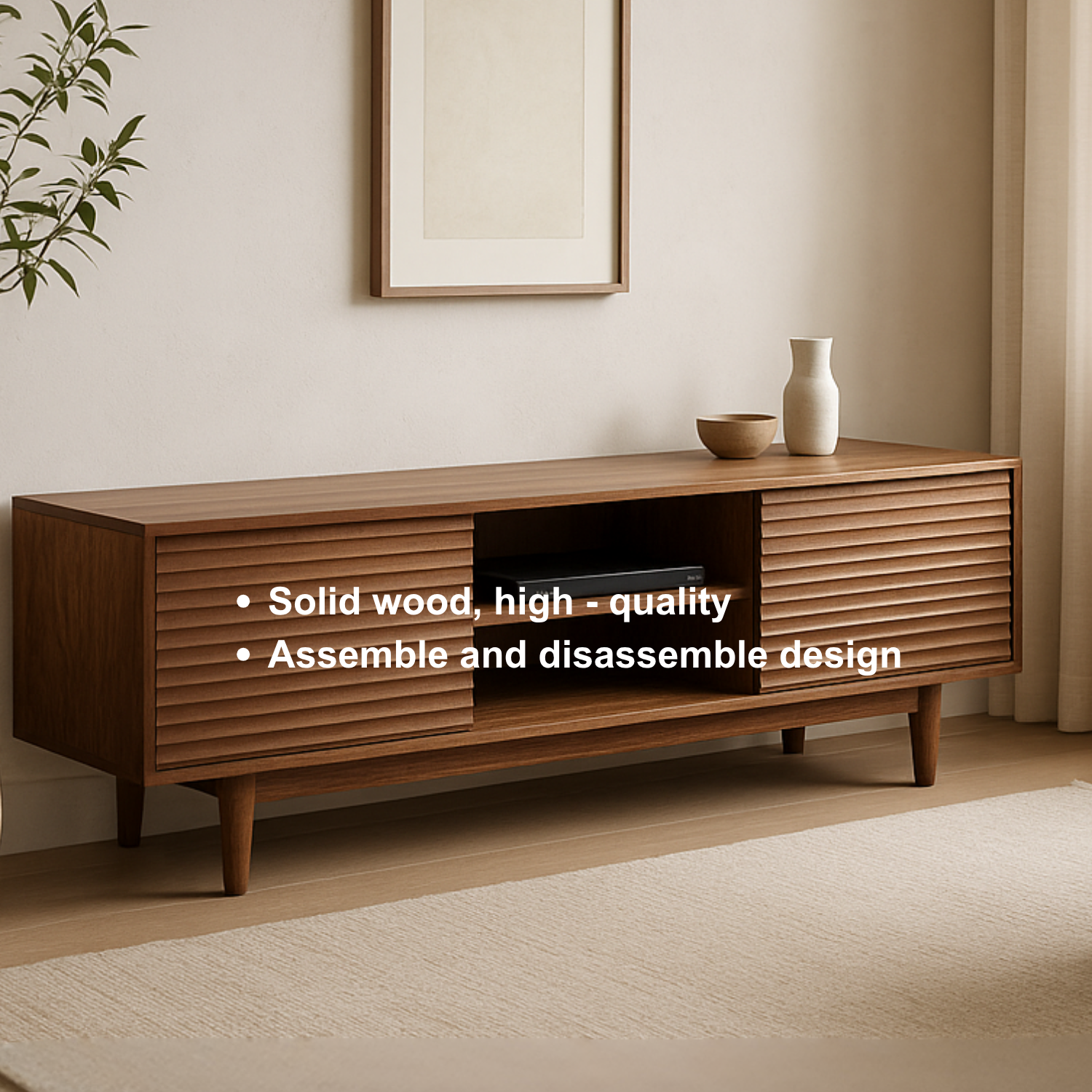 Handcrafted Solid Wood TV Stand – Modern Ribbed Door Media Console for Living Room Kitchnce