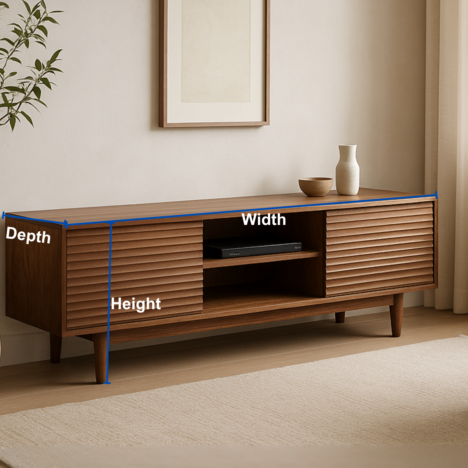 Handcrafted Solid Wood TV Stand – Modern Ribbed Door Media Console for Living Room Kitchnce