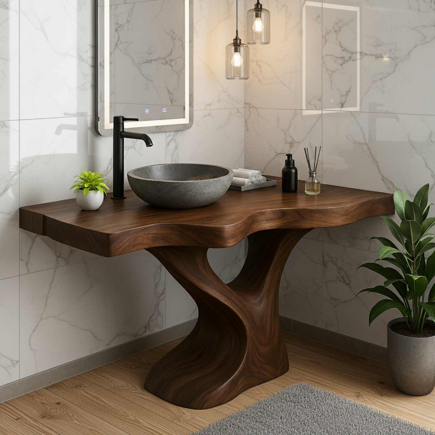 Handcrafted Solid Wood Bathroom Vanity – Modern Organic Sculptural Twist Design Kitchnce