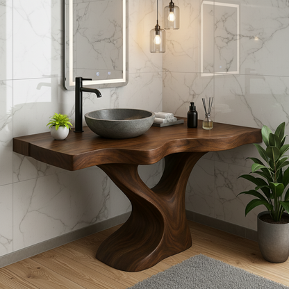 Handcrafted Solid Wood Bathroom Vanity – Modern Organic Sculptural Twist Design Kitchnce
