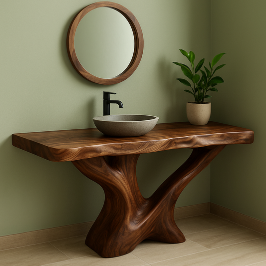 Handcrafted Solid Wood Bathroom Vanity – Sculptural Root Flow Organic Design