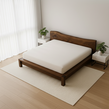 Handcrafted Solid Wood Bed Frame with Organic Live Edge Headboard – Modern Minimalist Design Kitchnce