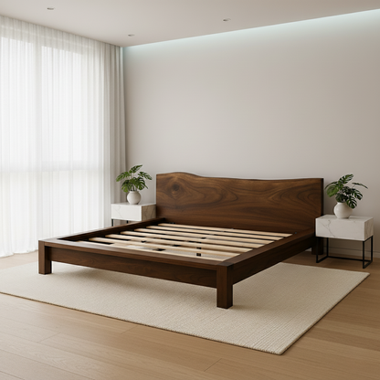 Handcrafted Solid Wood Bed Frame with Organic Live Edge Headboard – Modern Minimalist Design Kitchnce
