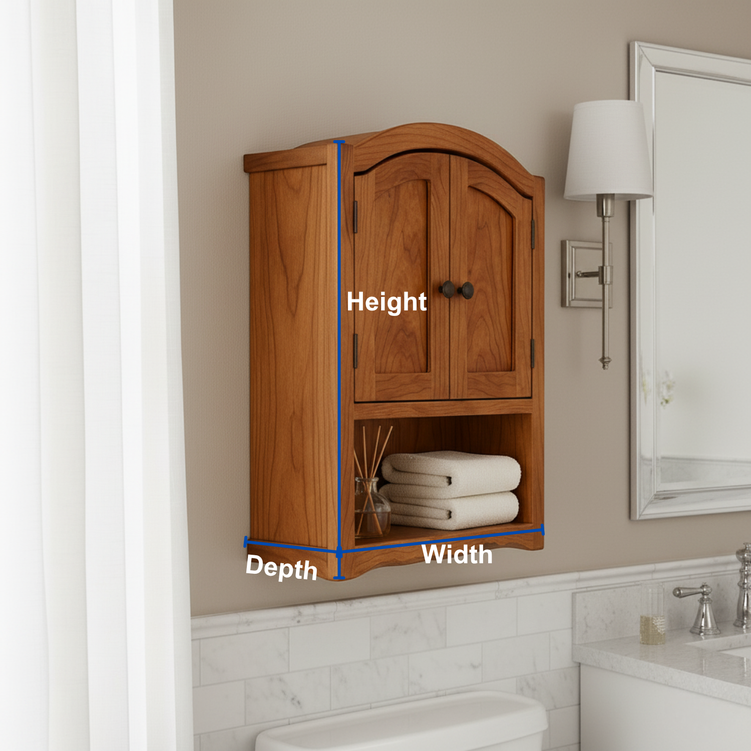 Handcrafted Solid Wood Wall Cabinet with Arched Doors and Open Shelf Storage Kitchnce