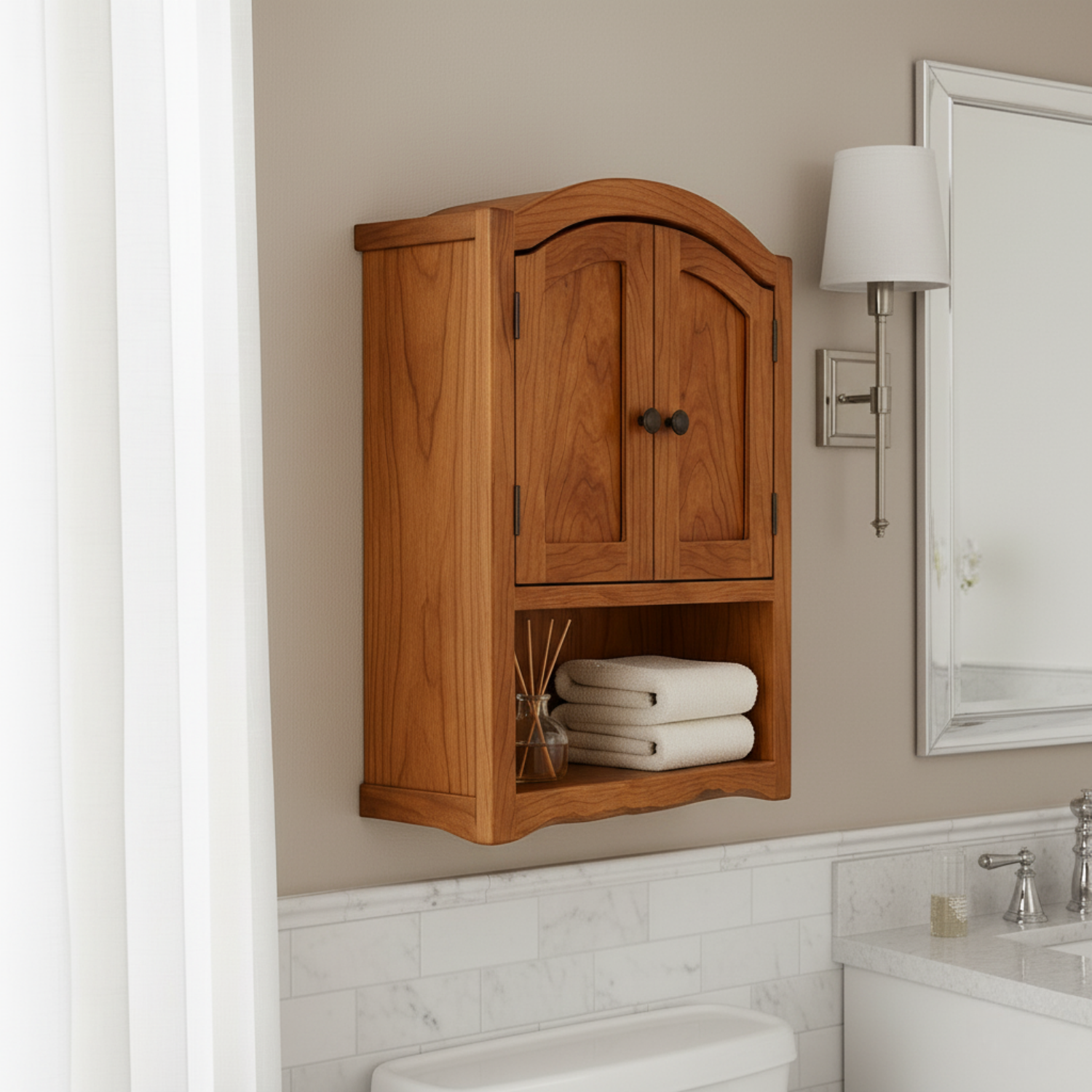 Handcrafted Solid Wood Wall Cabinet with Arched Doors and Open Shelf Storage Kitchnce