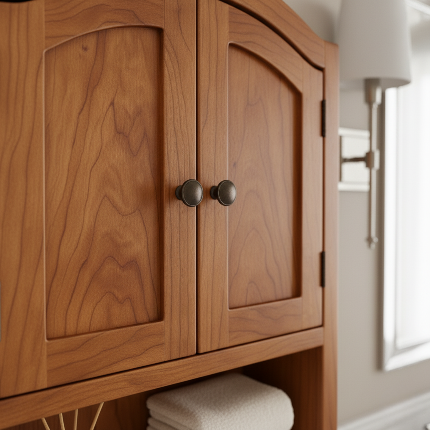 Handcrafted Solid Wood Wall Cabinet with Arched Doors and Open Shelf Storage Kitchnce