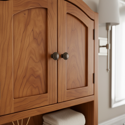 Handcrafted Solid Wood Wall Cabinet with Arched Doors and Open Shelf Storage Kitchnce