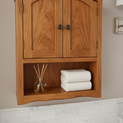 Handcrafted Solid Wood Wall Cabinet with Arched Doors and Open Shelf Storage Kitchnce