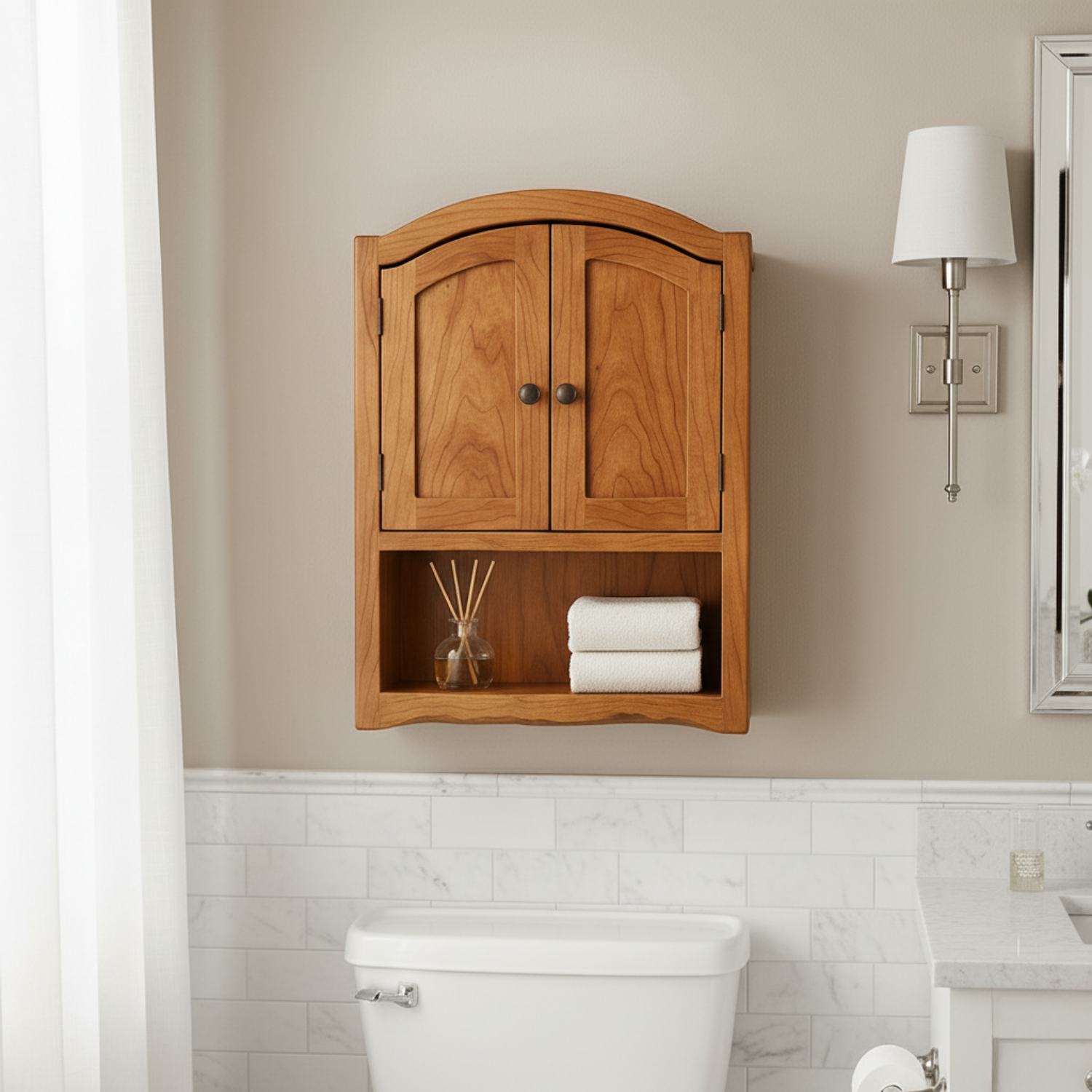 Handcrafted Solid Wood Wall Cabinet with Arched Doors and Open Shelf Storage Kitchnce