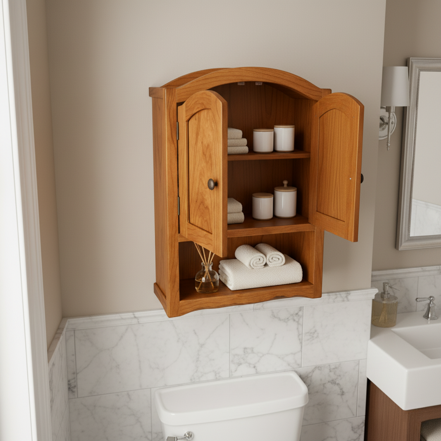Handcrafted Solid Wood Wall Cabinet with Arched Doors and Open Shelf Storage Kitchnce